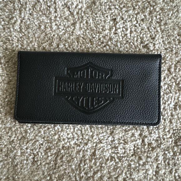 HARLEY-DAVIDSON MENS LASER BAR & SHIELD LEATHER BI-FOLD WALLET CHECKBOOK COVER - Picture 1 of 4